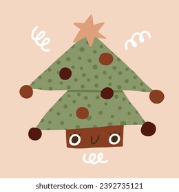 Cute Lovely Christmas tree with star and Christmas balls. Cartoon Christmas character. Happy Holidays - Merry Christmas and Happy New Year. Vector print.