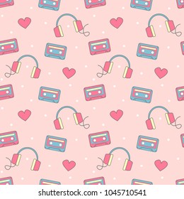 cute lovely colorful seamless vector pattern background illustration with headphones, hearts, dots and cassette tapes