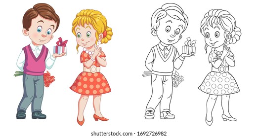Cute lovely couple on Valentines Day. Coloring page and colorful clipart character. Cartoon design for t shirt print, icon, logo, label, patch or sticker. Vector illustration.