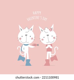 cute and lovely couple white cat with fish, happy valentine's day, love concept, flat vector illustration cartoon character costume design