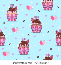 Cute lovely cupcake cartoon vector pattern background.