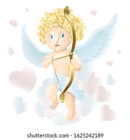 Cute lovely Cupid Vector Valentine Day Card. Shoots A Bow. Soft Cartoon Illustration