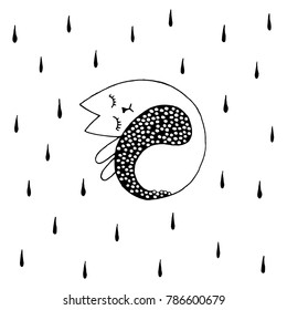 Cute lovely curled up cat with beautiful tail sleeping tight in drops, adorable dreaming kitten pet in rain. Hand drawn vector black and white illustrations. Cartoon, doodle.