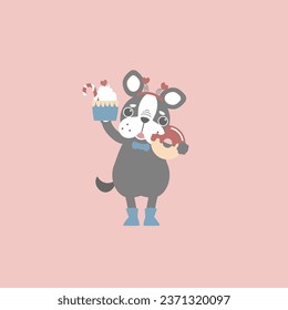 cute and lovely dog with cupcake and doughnut, happy valentine's day, birthday, love concept, flat vector illustration cartoon character costume design