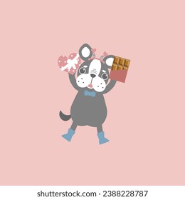 cute and lovely dog with heart chocolate bar, happy valentine's day, love concept, flat vector illustration cartoon character costume design