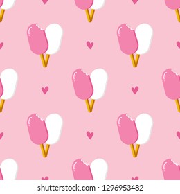 Cute and lovely eskimo ice cream and hearts seamless patern background for Valentine's Day and romantic design.