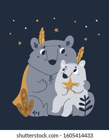 Cute lovely family of bears isolated on dark background.  Wild forest animals characters. Best mom, parent. dad ever. Flat cartoon colorful vector illustration for card. poster, print, decoration