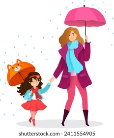 Cute lovely family walk, character mother and daughter stroll in autumn rainy weather cartoon vector illustration, isolated on white. Smiling little girl hold fox umbrella, funny spend time.