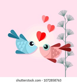 Cute lovely fish with heart shape on sweet pink background.