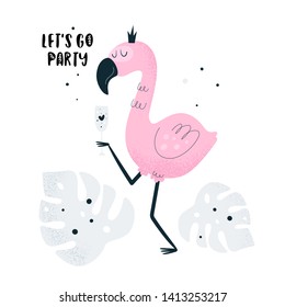 Cute lovely flamingo bird with cocktail in paradise summer jungle beach. Lets go party. Summer travel, holiday, birthday card. Good for print, poster, card, decoration, textile, texture and souvenir