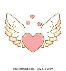 Cute Lovely Flying Love Heart Pink Angel Feather Wings in Heaven Sky