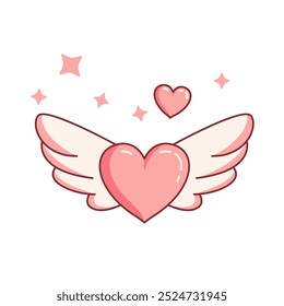 Cute Lovely Flying Love Heart Pink Angel Feather Wings in Heaven Sky