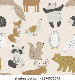 bonito y encantador diseño de animales de la selva ciervo zorro panda pingüino raccoon ave ardilla pangolin león del mar y lemas del día del bosque para el mercado infantil como vector