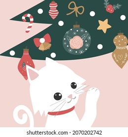Cute lovely funny hand drawn holidays cartoon greeting card with colorful christmas tree and white adorable cat cozy vector background illustration 