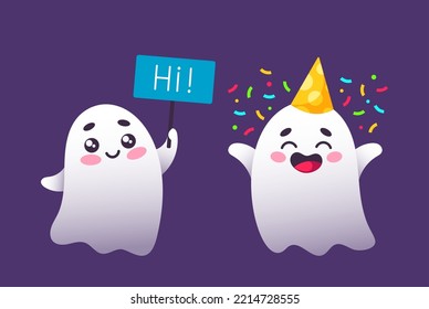 Cute Lovely Ghosts, Cartoon Halloween Characters. Funny Baby Spooks Creatures Wear Festive Hat with Confetti and Banner with Word Hi. Adorable Kawaii Spirits, Phantom Personages. Vector Illustration