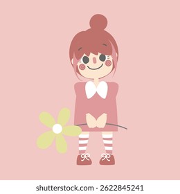 cute and lovely girl holding flower, happy valentines day, birthday, love concept, flat vector illustration cartoon character costume design