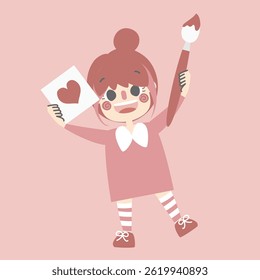 cute and lovely girl holding paintbrush drawing heart shape on paper, happy valentines day, birthday, love concept, flat vector illustration cartoon character costume design