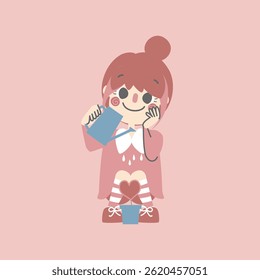 cute and lovely girl holding watering can with heart shape plant flower, happy valentines day, birthday, love concept, flat vector illustration cartoon character costume design