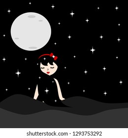 cute lovely girl with long hair night sky with stars and moon vector illustration