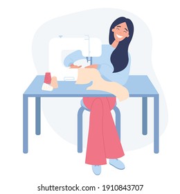 Cute lovely girl sitting at desk with sewing machine and enjoying her hobby. Flat vector illustration on a white background.