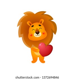 Cute lovely gold lion give a red heart on valentines