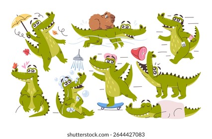 Cute lovely green crocodiles cartoon character showcasing different funny activities isolated set