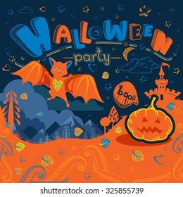 Cute and lovely Halloween greeting card or invitation with hand drawn text in vector. Works well as design, print or element for different childish accessories.