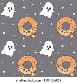 cute lovely halloween seamless vector pattern background illustration with cartoon character ghost and donut