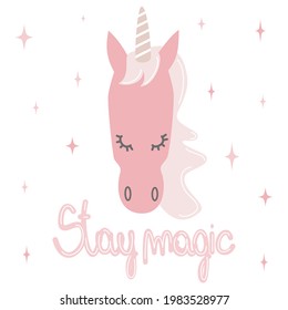 Cute lovely hand drawing stay magic lettering quote with cartoon character unicorn vector illustration