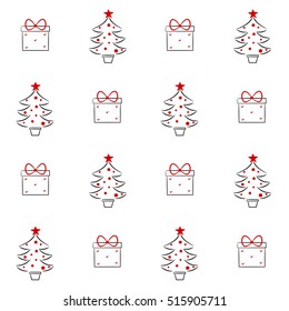 cute lovely hand drawn black white red gift box and christmas tree linear vector illustration seamless pattern background


