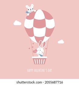 cute and lovely hand drawn cute bunny rabbit and french bulldog pug on hot air balloon, happy valentine's day, love concept, flat vector illustration cartoon character costume design