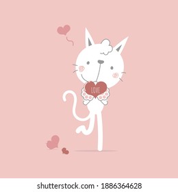 cute and lovely hand drawn cat holding heart, happy valentine's day, birthday, love concept, flat vector illustration cartoon character design isolated