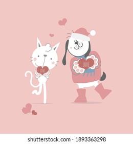 cute and lovely hand drawn cat and dog holding heart, happy valentine's day, love concept, flat vector illustration cartoon character costume design