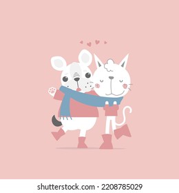 cute and lovely hand drawn cat and dog, happy valentine's day, flat vector illustration cartoon character costume design