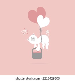 cute and lovely hand drawn cat and heart balloons, happy valentine's day, birthday, love concept, flat vector illustration cartoon character design isolated