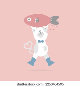 cute and lovely hand drawn cat and fish, happy valentine's day, love concept, flat vector illustration cartoon character costume design
