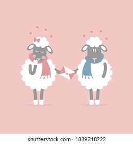 cute and lovely hand drawn couple sheep holding love letter with heart, happy valentine's day, birthday, love concept, flat vector illustration cartoon character design isolated