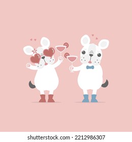 cute and lovely hand drawn cute couple french bulldog pug, happy valentine's day, love concept, flat vector illustration cartoon character costume design