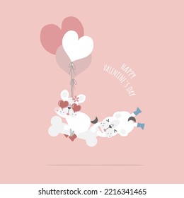 cute and lovely hand drawn cute couple french bulldog pug with balloon and bone, happy valentine's day, love concept, flat vector illustration cartoon character costume design