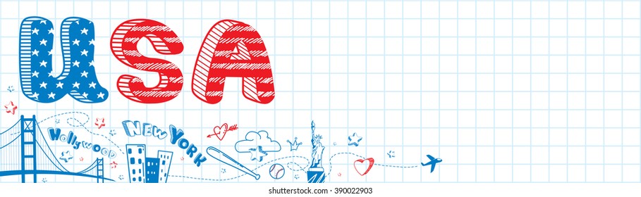 Cute, lovely hand drawn doodle ink cartoon banner with USA flag, city, Statue of Liberty on the notebook sheet. Tourism vector background with empty space. Horizontal sticker, bookmark