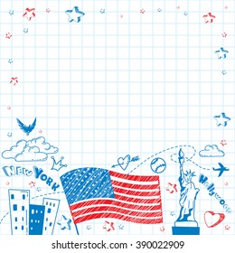 Cute and lovely hand drawn doodle ink cartoon poster with USA flag, ship, cities, Statue of Liberty on the notebook sheet. Tourism vector background with empty space.