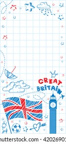 Cute and lovely hand drawn doodle ink cartoon poster with Great Britain flag, castle, Big Ben on the paper sheet. Tourism vector background with empty space. Vertical sticker, bookmark