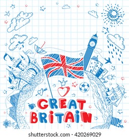 Cute and lovely hand drawn doodle ink cartoon poster with Great Britain flag, ship, castle, cities, Big Ben on the notebook sheet. Tourism vector background with empty space.