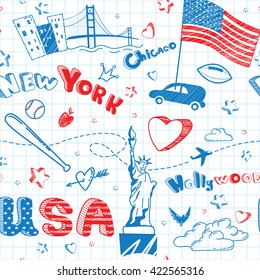 Cute and lovely hand drawn doodle poster.  Cartoon ink seamless pattern with USA flag, cities, letters, stars, Statue of Liberty on the paper sheet. Tourism vector background. Vector de stock