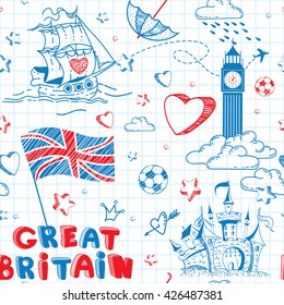 Cute and lovely hand drawn doodle poster.  Cartoon ink seamless pattern with Great Britain flag, castle, Big Ben, stars, hearts, crowns on the paper sheet. Tourism vector background.