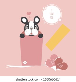 cute and lovely hand drawn french bulldog pug in gift box present with heart, happy valentine's day, birthday, love concept, flat vector illustration cartoon character costume design