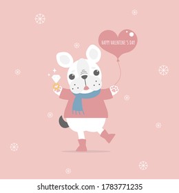 cute and lovely hand drawn cute french bulldog pug holding heart balloon and ring, happy valentine's day, love concept, flat vector illustration cartoon character costume design