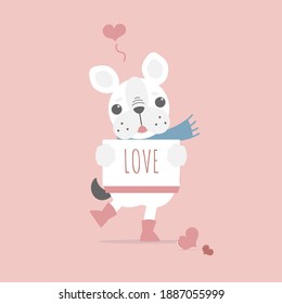 cute and lovely hand drawn cute french bulldog pug holding paper with love, happy valentine's day, flat vector illustration cartoon character costume design