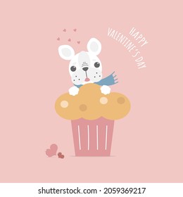 cute and lovely hand drawn french bulldog pug with cupcake, love concept, happy valentine's day, birthday, flat vector illustration cartoon character design isolated