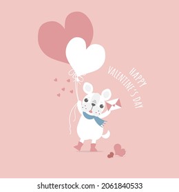 cute and lovely hand drawn cute french bulldog pug holding heart balloon and love letter, happy valentine's day, love concept, flat vector illustration cartoon character costume design